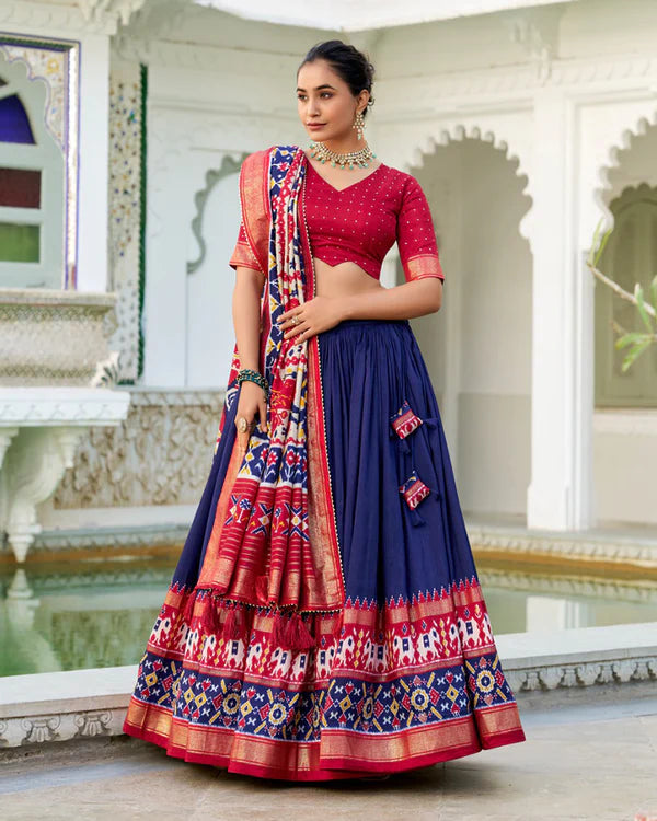 Womenline Navy Blue Color Tussar Silk Patola Printed Half Saree