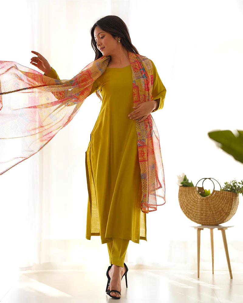 Womenline Yellow Color Viscose Ready To wear Three Piece Kurti Suit