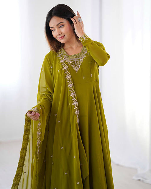 Womenline Mehndi Green Color Georgette Embroidered Three Piece Anarkali Suit