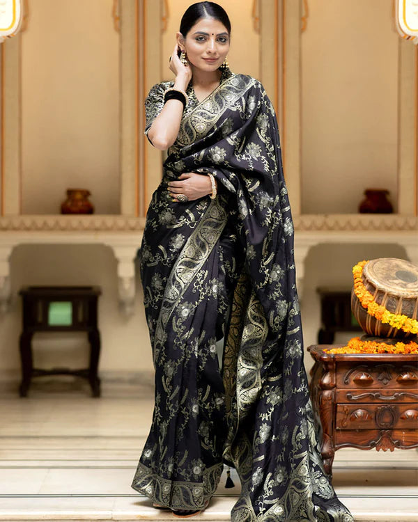 Womenline Black Color Banarasi Jacquard Zari Weaving Saree