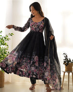 Womenline Black Color Floral Print Organza Three Piece Anarkali Suit