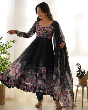 Womenline Black Color Floral Print Organza Three Piece Anarkali Suit