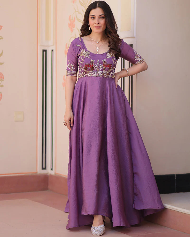Womenline Lavender Color Gold Crush Embroidered Work Gown