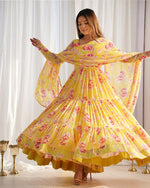 Womenline Yellow Color Georgette Three Layer Ruffle Style Anarkali Suit