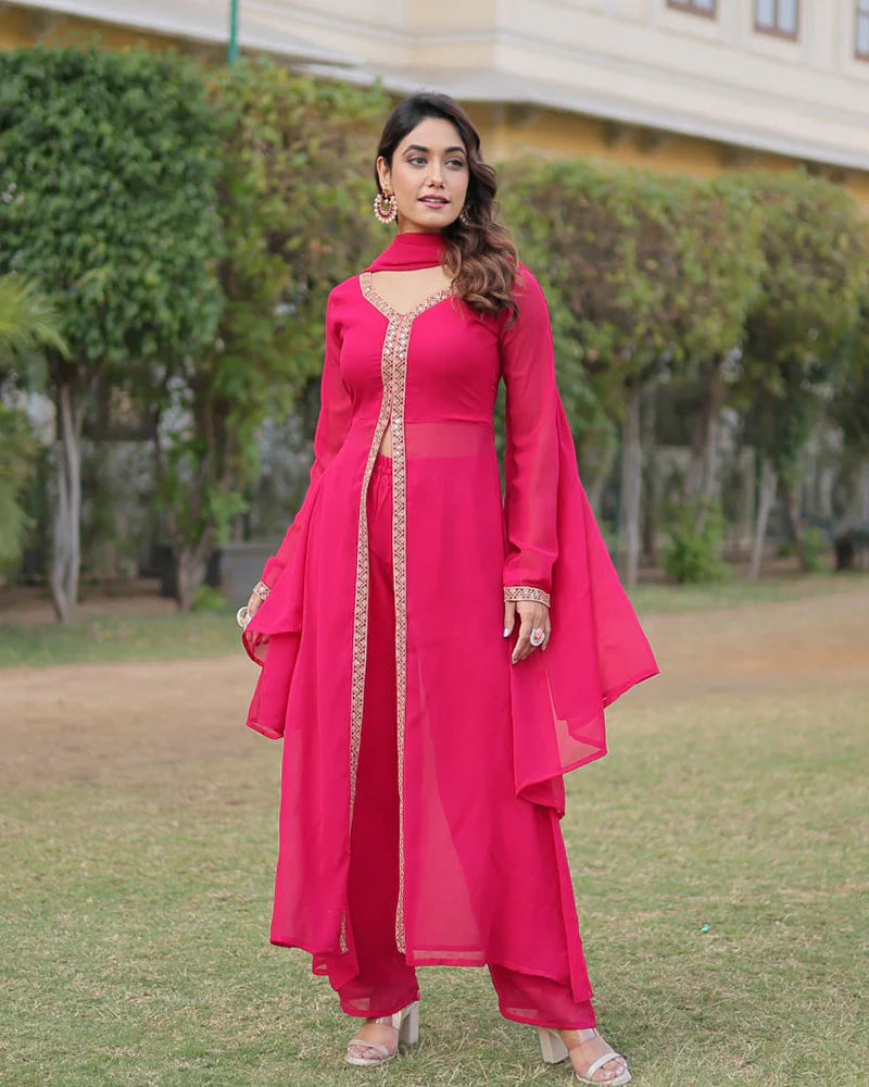 Womenline Western Designer Rani Pink Color Georgette Three Piece Kurti Suit