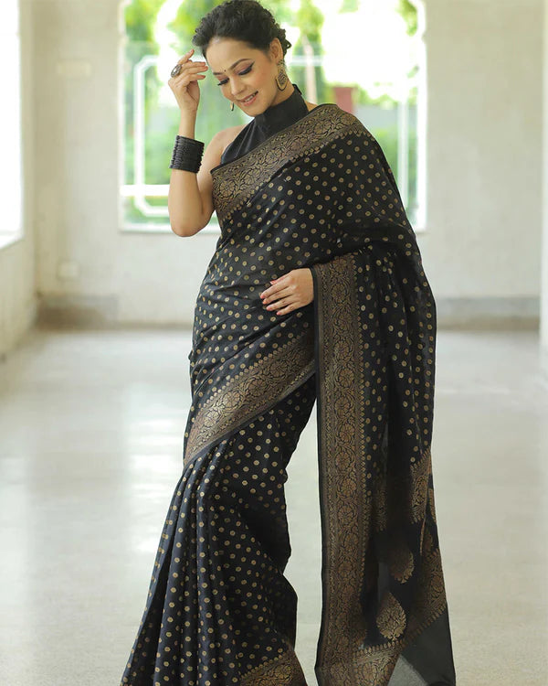 Womenline Black Color Banarasi Jacquard Soft Silk Saree