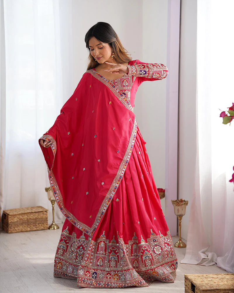 Womenline Tomato Color Natural Crepe silk Lehenga Choli