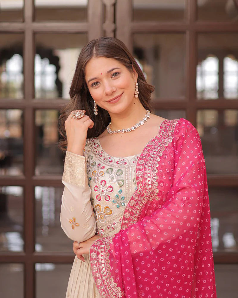 Womenline Off-White Color Jacquard Gown With Pink Dupatta