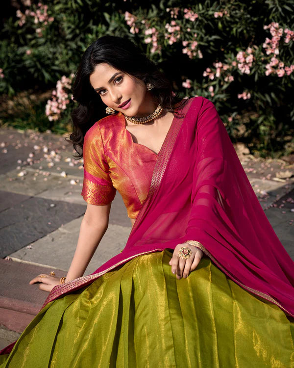 Womenline Pista Color Kanchipuram Silk Designer Half Saree