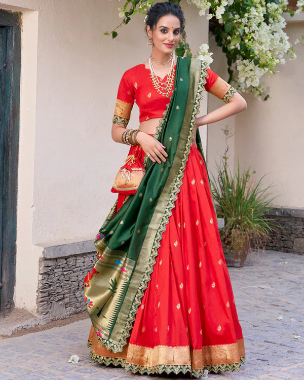 Womenline Red Color Jacquard Silk Half Saree