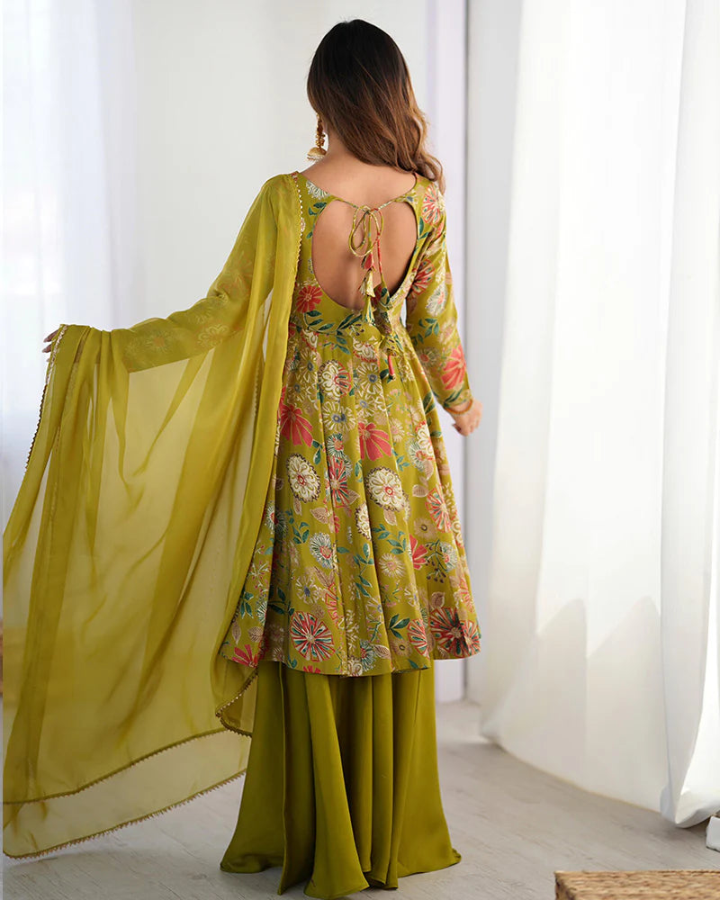 Womenline Mehndi Color Roman Silk Discharge Printed Plazzo Suit