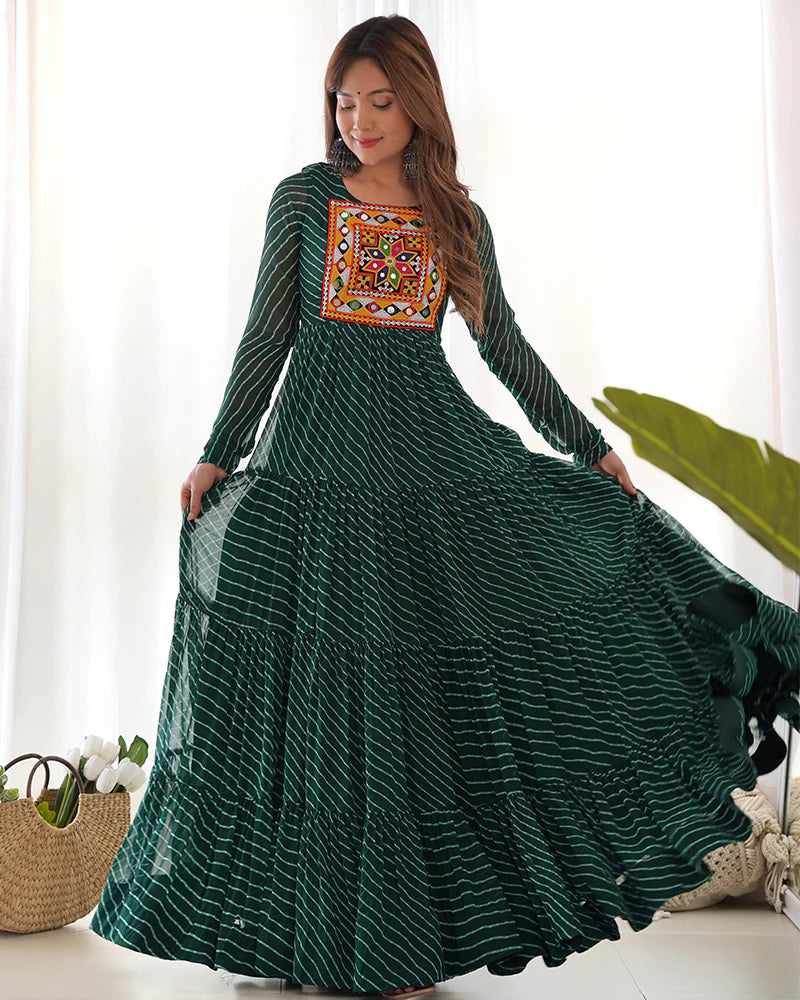Womenline Green Color Georgette Laheriya Print Navratri Gown