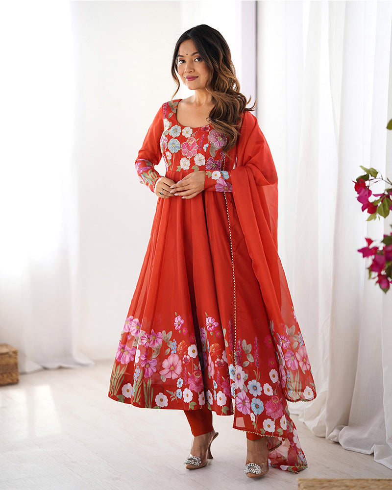 Womenline Rust Color Floral Print Organza Three Piece Anarkali Suit
