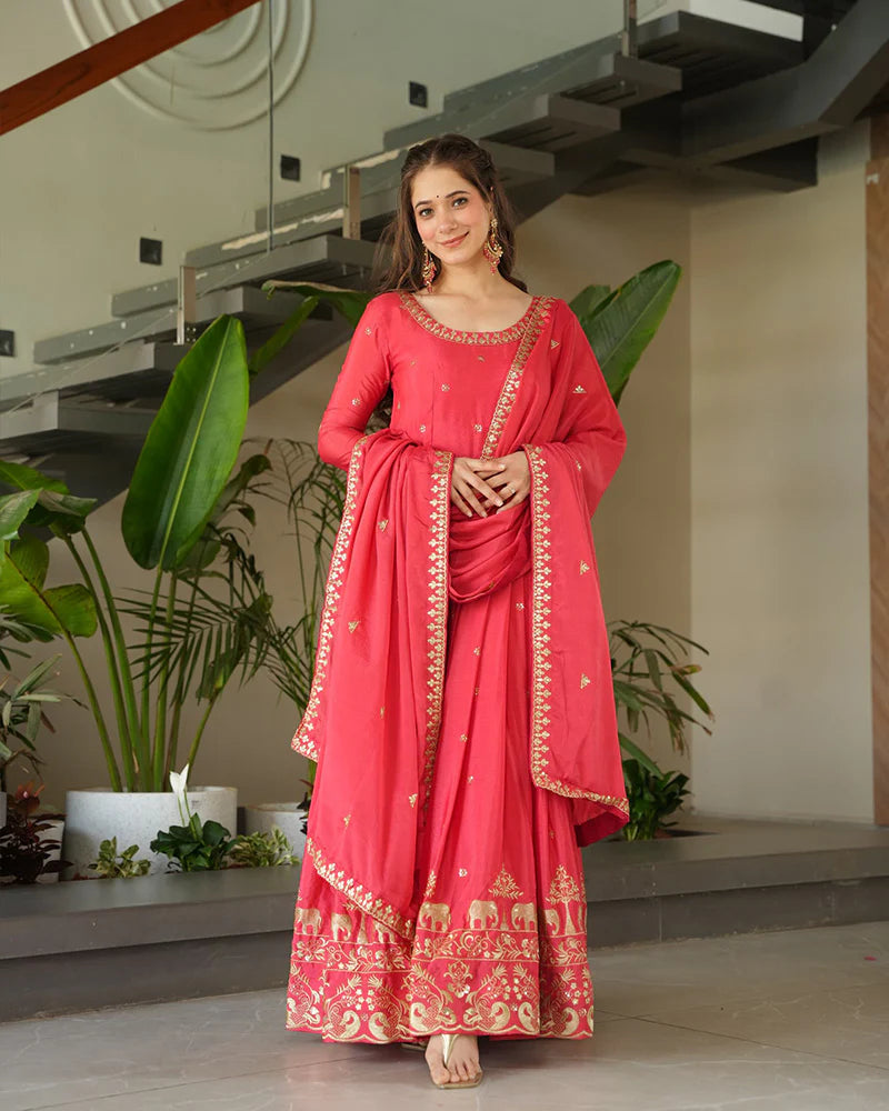 Womenline Peach Color Chinon Silk Sequins Embroidered Gown