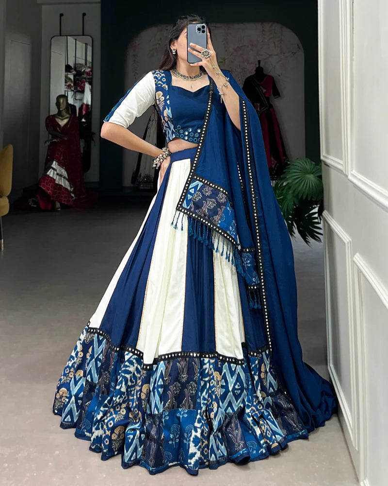 Womenline White And Blue Color Rayon Navratri Lehenga Choli