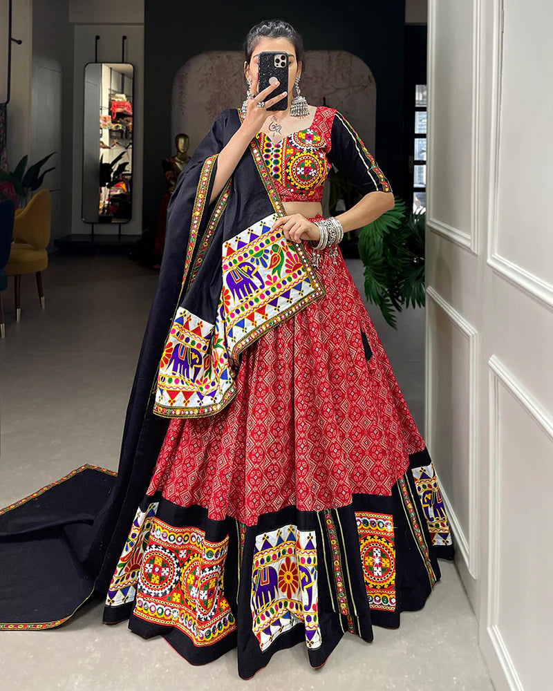 Womenline Red Color Cotton Gamthi Work Navratri Lehenga Choli