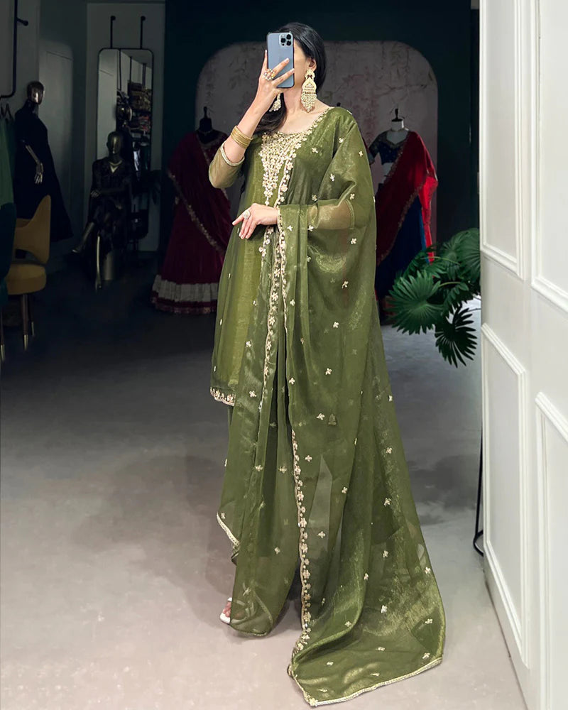 Womenline Olive Green Color Gold Coin Three Piece Kurti Suit