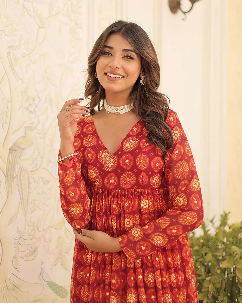 Womenline Designer Red Color Georgette Printed Co-Ord Set