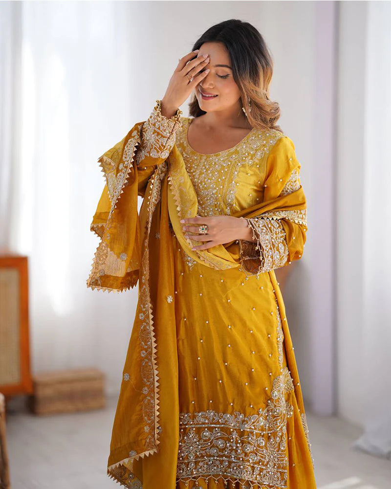 Womenline Yellow Color Chinnon Sequence Work Plazzo Suit