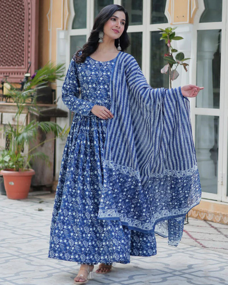 Womenline Blue Color Printed Pure Cotton Three Piece Kurti Suit