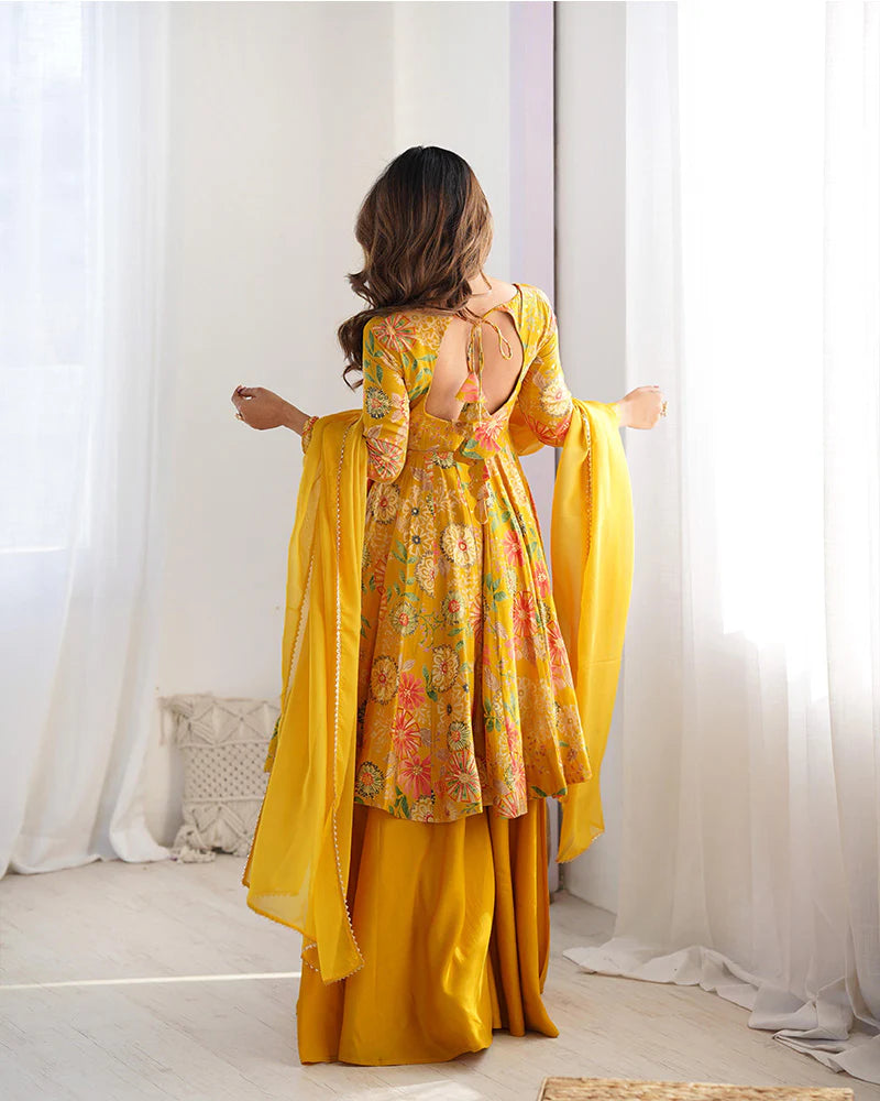 Womenline Mustard Color Roman Silk Discharge Printed Plazzo Suit