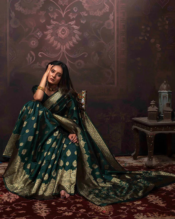 Womenline Dark Green Color Banarasi Jacquard Soft Silk Saree