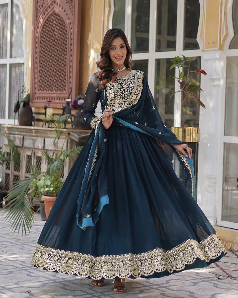 Womenline Rama Color Faux Blooming Embroidered Gown