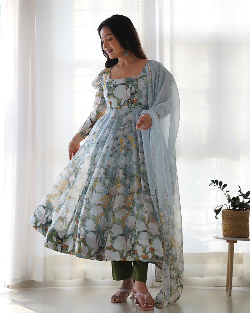 Womenline Green Color Pure Soft Organza Three Piece Anarkali Suit