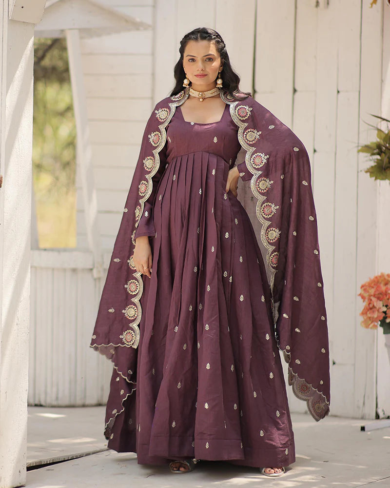 Womenline Onion Color Vichitra Shimmer Sequence Embroidered Gown