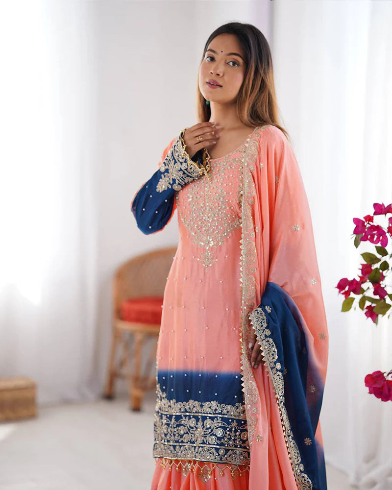 Womenline Peach Color Chinnon Sequence Work Plazzo Suit