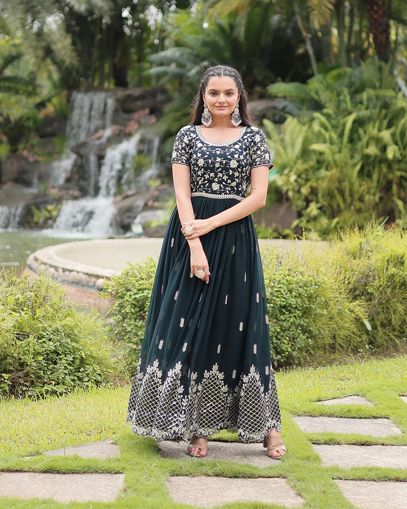Womenline Mehndi Color Faux Blooming Embroidered Gown