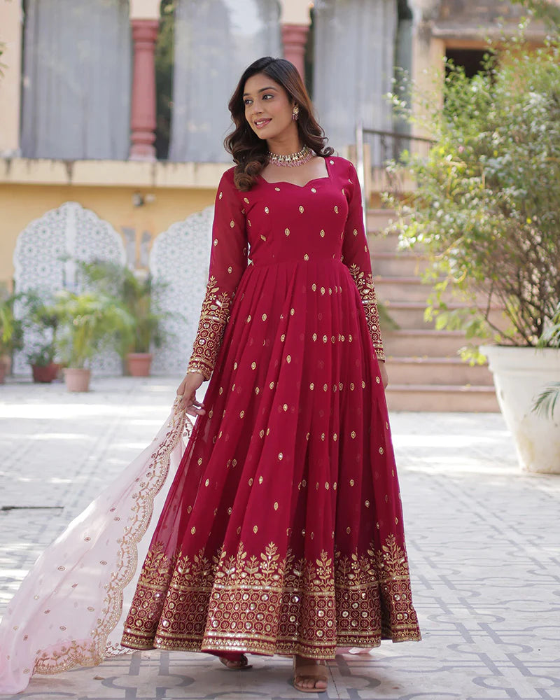 Womenline Royal Rani Color Faux Blooming Zari Embroidered Work Gown