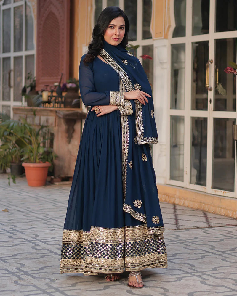 Womenline Rama Color Faux Blooming Zari Embroidered Work Gown