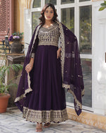 Womenline Violet Color Faux Blooming Embroidered Gown
