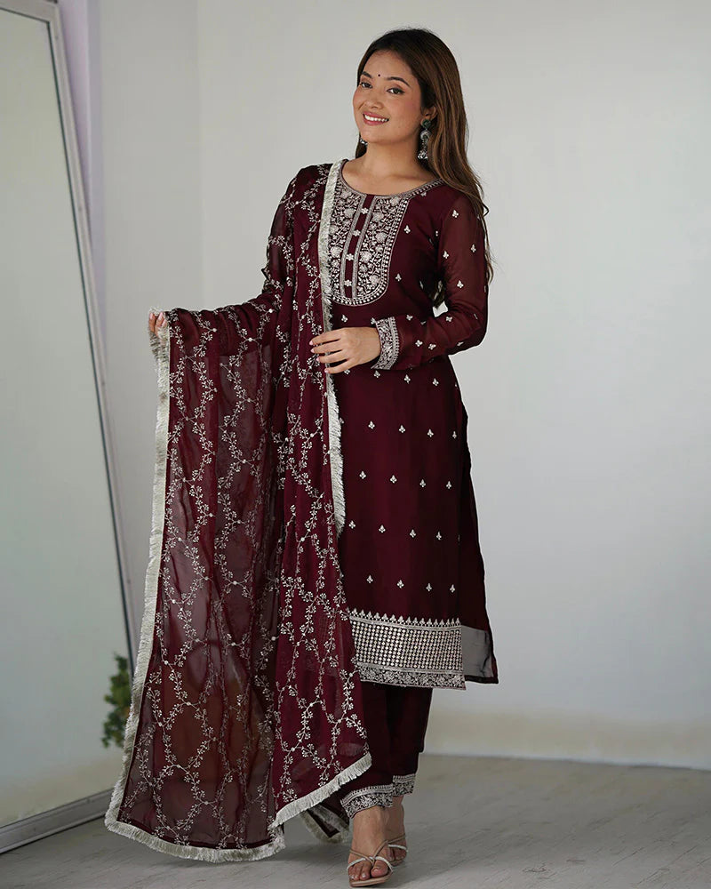 Womenline Maroon Color Rangoli Silk Three Piece Kurti Suit