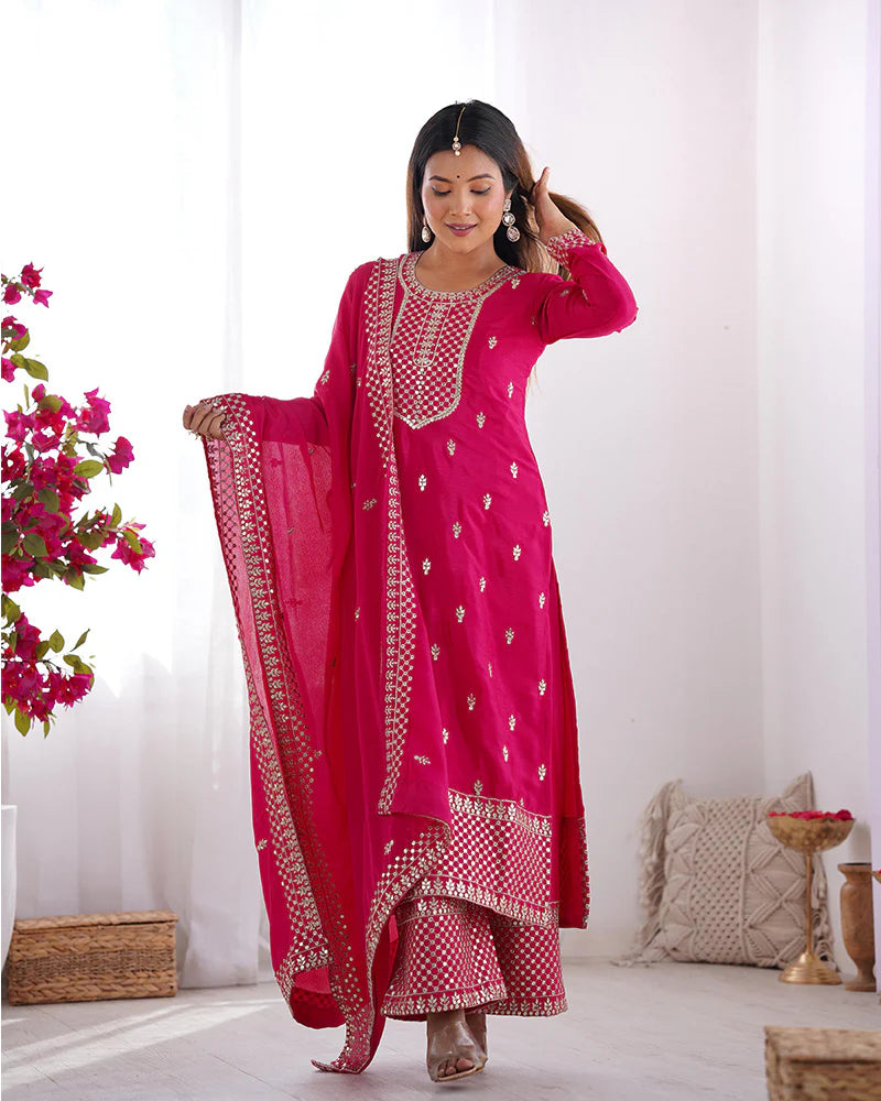Womenline Rani Pink Color Chinon Silk Three Piece Kurti Suit