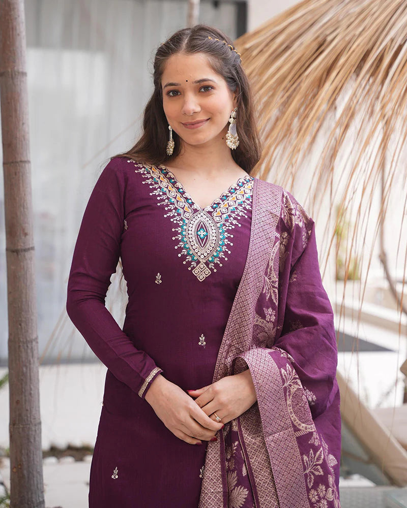 Womenline Wine Color Roman Silk Embroidered Three Piece Kurti Suit