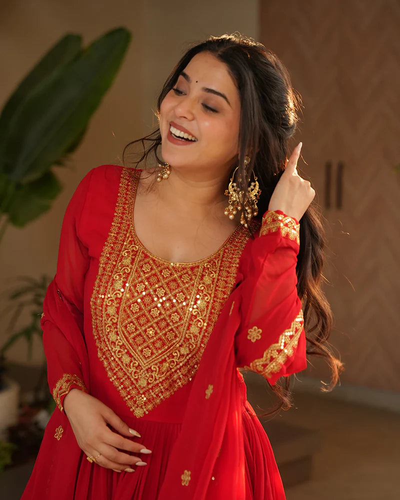 Womenline Red Color Faux Blooming Embroidered Gown