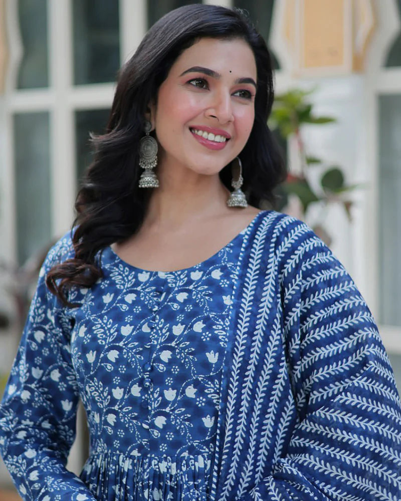 Womenline Blue Color Printed Pure Cotton Three Piece Kurti Suit