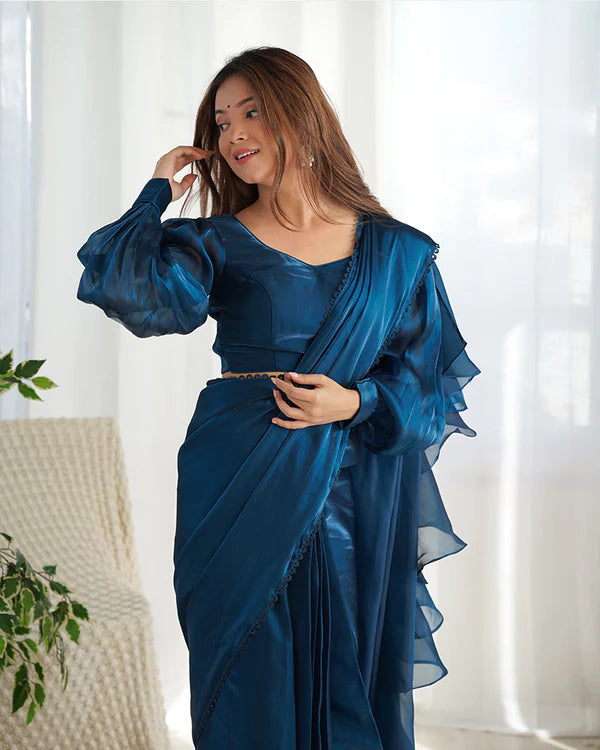 Womenline Teal Blue Color Soft Organza Saree