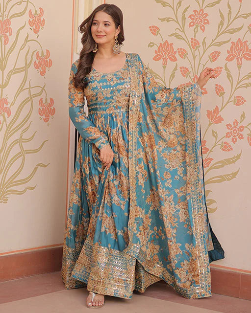 Womenline Sky Blue Color Russian Silk Embroidered Gown