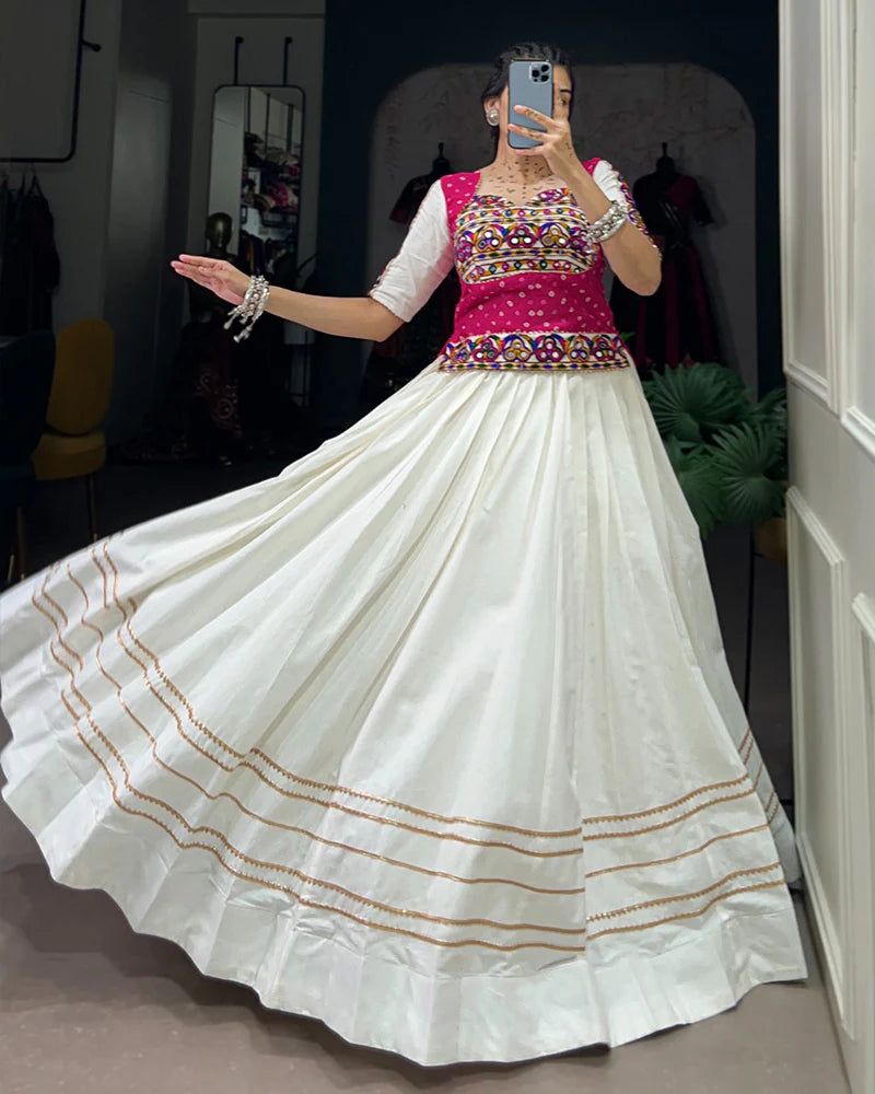 Womenline White Color Cotton Navratri Lehenga Choli
