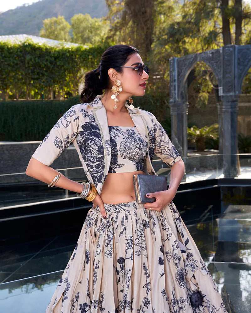 Womenline Cream Color Tussar Silk Lehenga Choli With koti