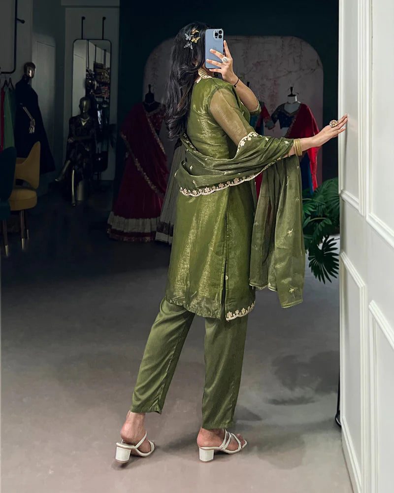 Womenline Olive Green Color Gold Coin Three Piece Kurti Suit