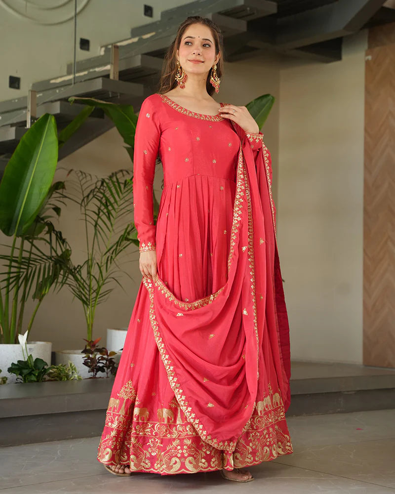 Womenline Peach Color Chinon Silk Sequins Embroidered Gown