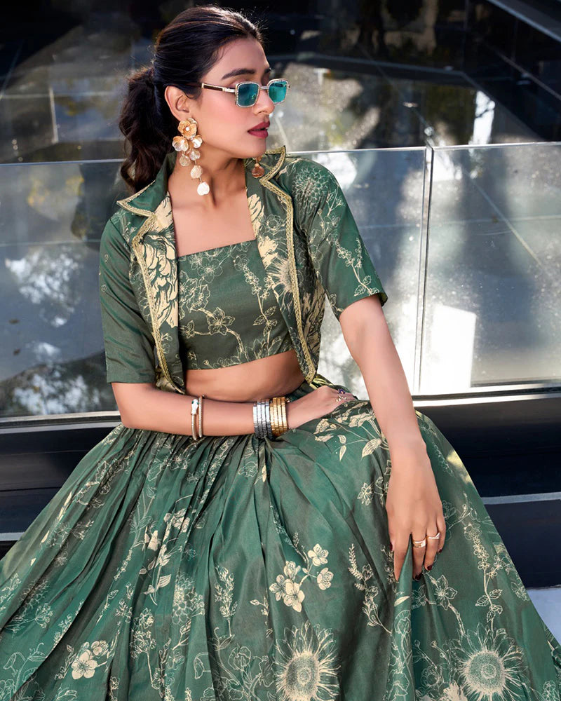 Womenline Bottle Green Color Tussar Silk Lehenga Choli With koti