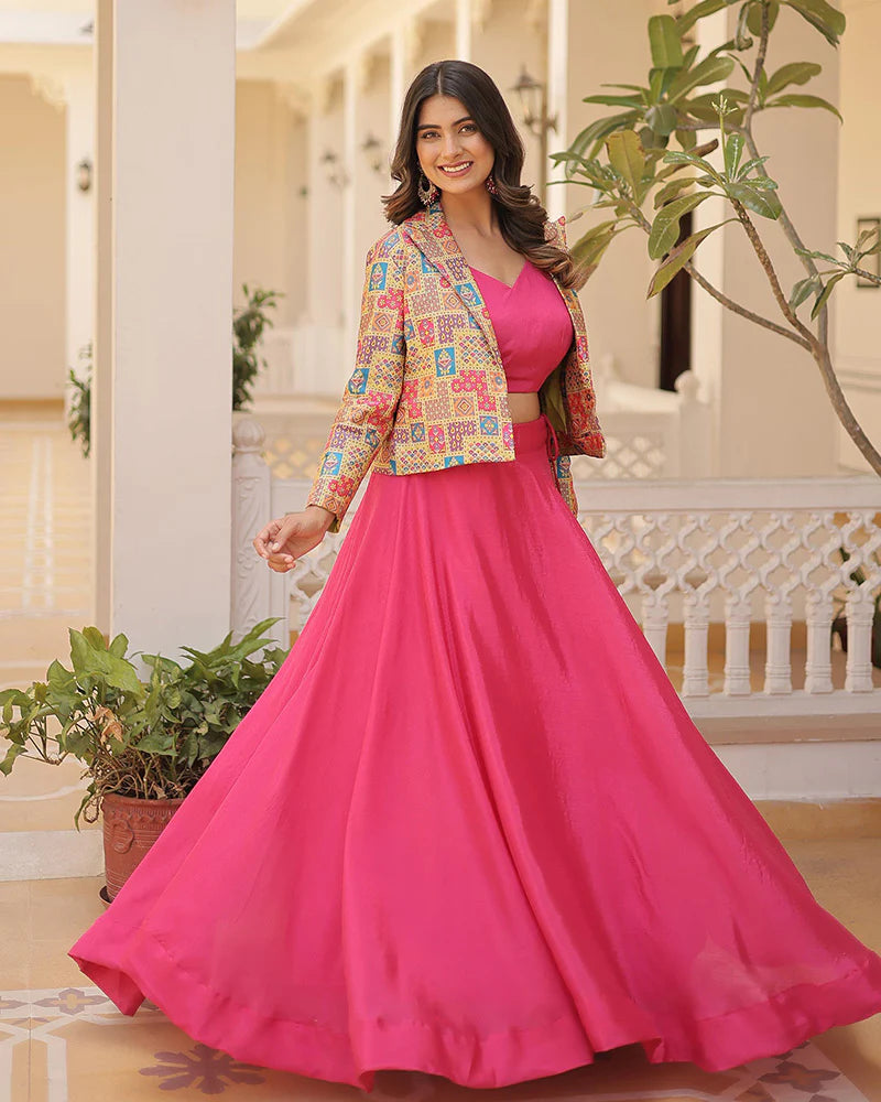 Womenline Pink Color Pure Chinnon Lehenga Choli