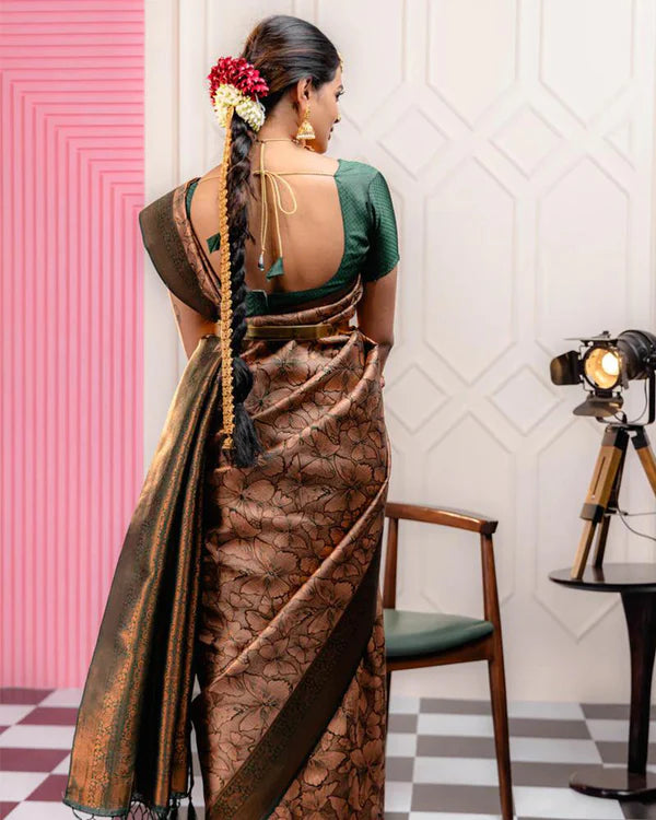 Womenline Cream Color Banarasi Jacquard Soft Silk Saree