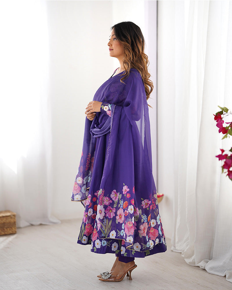 Womenline Purple Color Floral Print Organza Three Piece Anarkali Suit