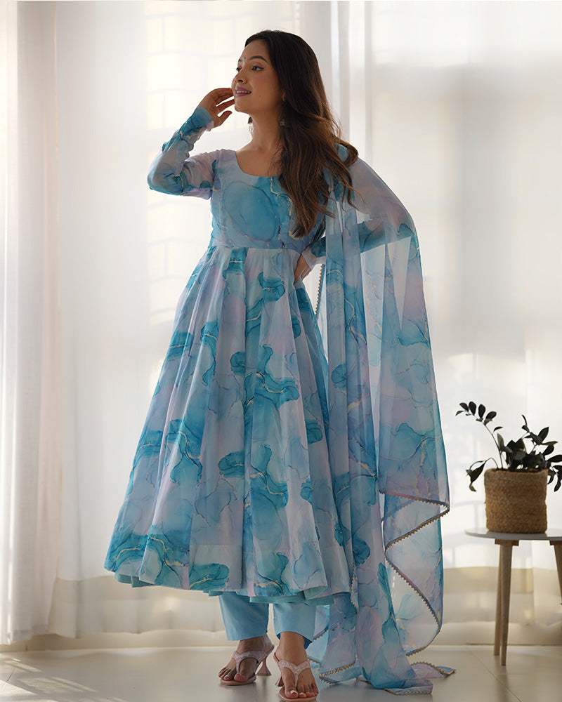 Womenline Sky Blue Color Pure Soft Organza Three Piece Anarkali Suit